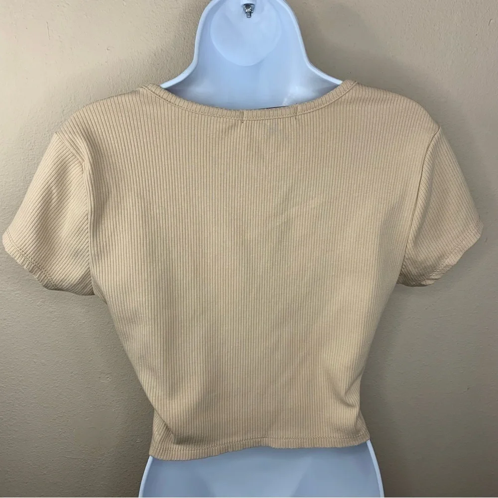 Faded Rose Beige Ribbed Short Sleeve Crop Top XL Stretch Y2k Style